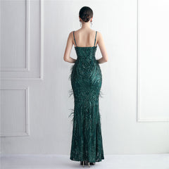 Elegant Sequin Beaded Fishtail Maxi Dress