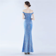 Off-Shoulder Sequin Split Maxi Dress
