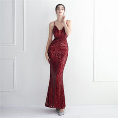 V-Neck Sequined Beaded Maxi Dress