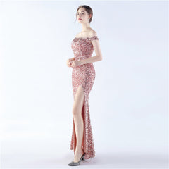Off-Shoulder Sequin Split Maxi Dress