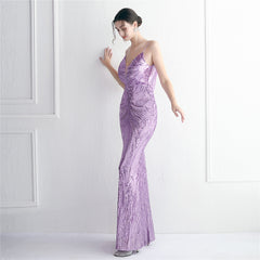 V-Neck Sequined Beaded Maxi Dress