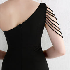 Beaded One-Shoulder Fishtail Maxi Dress