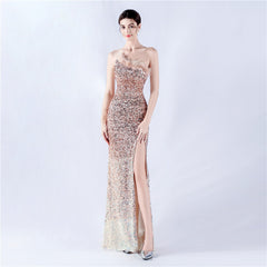 One-Shoulder Sequin Feather Maxi Dress