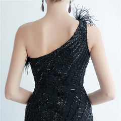 One-Shoulder Sequin Feather Maxi Dress