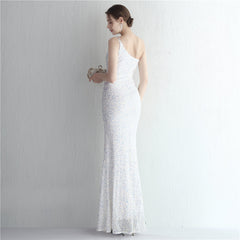One-Shoulder Sequined Fishtail Split Maxi Dress