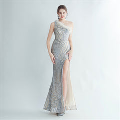 One-Shoulder Sequin Feather Maxi Dress