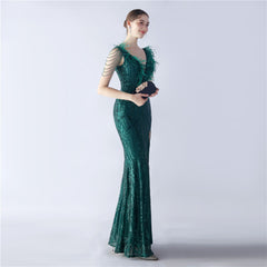 Ostrich Feather Beaded Maxi Dress