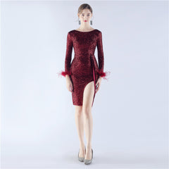 Backless Feathered Sequined Beaded Bodycon Dress