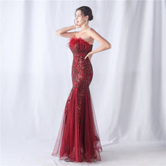 Sequined Feathered Fishtail Maxi Dress