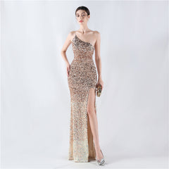 One-Shoulder Gradient Sequined Maxi Dress