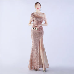 Sequined One-Shoulder Ostrich-Feather Maxi Dress