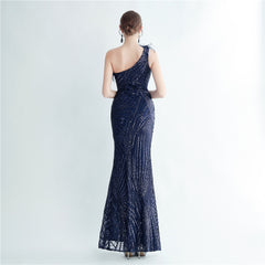 One-Shoulder Sequin Feather Maxi Dress