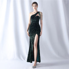 One-Shoulder Beaded Sequin Split Maxi Dress