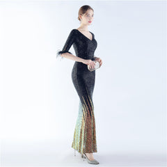 Ostrich Feather Sequin Maxi Dress