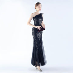Ostrich Feather Sequined One-Shoulder Maxi Dress