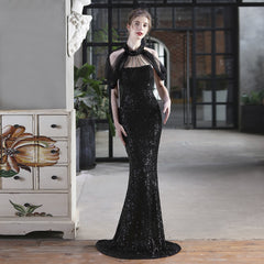 Backless Sequin Mesh Fishtail Maxi Dress