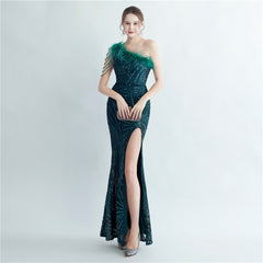 One-Shoulder Sequined Feather Maxi Dress