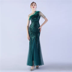 Beaded Sequined Ostrich Feather Maxi Dress