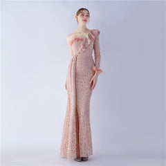 One-Shoulder Ostrich Feather Sequin Maxi Dress