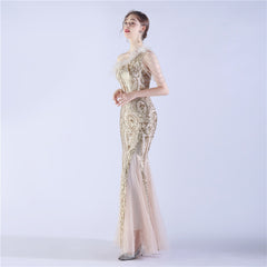 Beaded Sequined Ostrich Feather Maxi Dress
