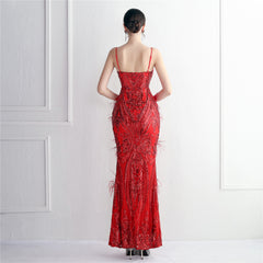 Elegant Sequin Beaded Fishtail Maxi Dress