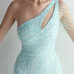 One-Shoulder Sequined Beaded Fishtail Maxi Dress