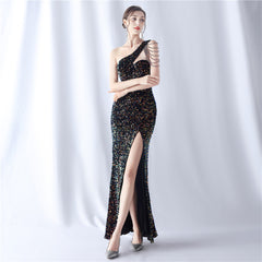 One-Shoulder Beaded Sequin Split Maxi Dress