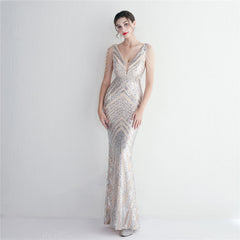 Sequined V-Neck Slim Maxi Dress