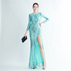 Sequined Split Long-Sleeve Maxi Dress