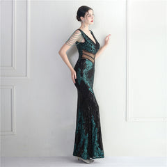 Sequined Beaded Fishtail Maxi Dress