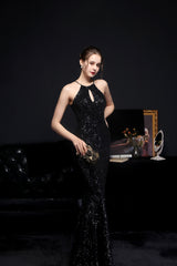 Sequined Halter Fishtail Maxi Dress