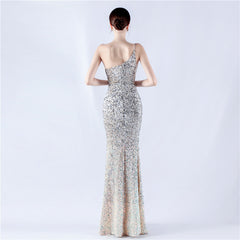 One-Shoulder Sequin Feather Maxi Dress