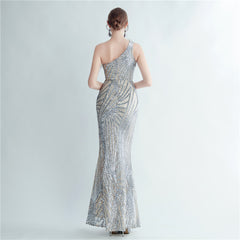 One-Shoulder Sequin Feather Maxi Dress