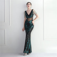 Sequined Beaded Fishtail Maxi Dress