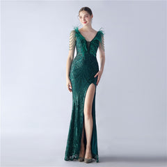 Ostrich Feather Beaded Maxi Dress