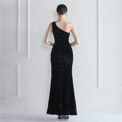 One-Shoulder Sequined Fishtail Maxi Dress