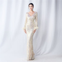 V-Neck Ostrich Feather Sequin Maxi Dress