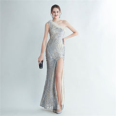 One-Shoulder Sequin Feather Maxi Dress