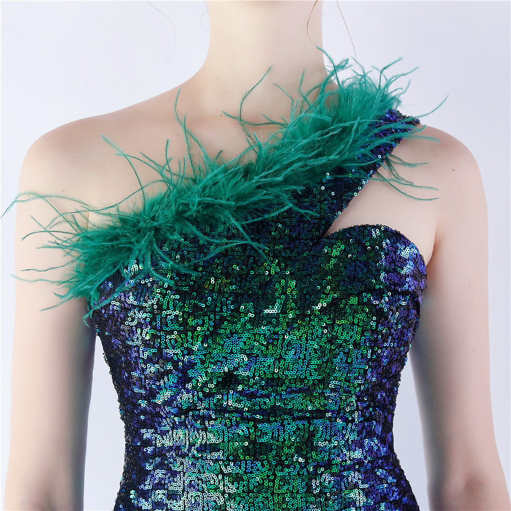 Asymmetric One-Shoulder Sequined Maxi Dress