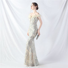 Off-Shoulder Backless Sequined Lace-Up Maxi Dress