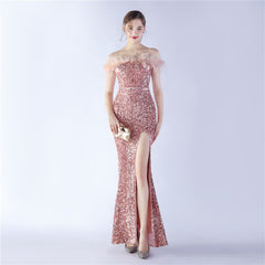 Off-Shoulder Sequin Feather Maxi Dress