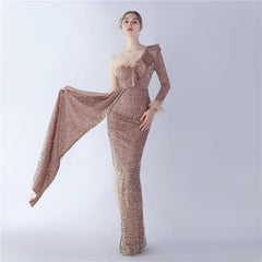 One-Shoulder Ostrich Feather Sequin Maxi Dress