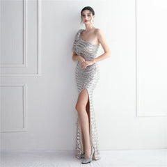 Sequined One-Shoulder Fishtail Maxi Dress