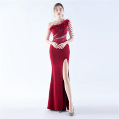 One-Shoulder Rhinestone Diagonal Collar Maxi Dress