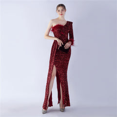 One-Shoulder Ostrich Feather Sequin Maxi Dress