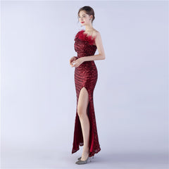 Sequined One-Shoulder Ostrich-Feather Maxi Dress