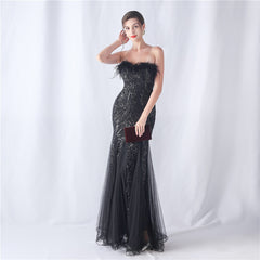 Sequined Feathered Fishtail Maxi Dress