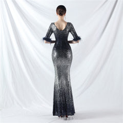 Ostrich Feather Gradient Sequin Maxi Dress