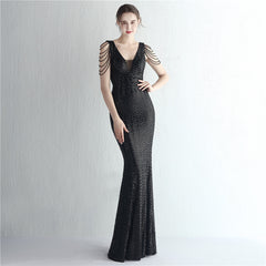 Sequined V-Neck Fishtail Maxi Dress