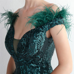 Off-Shoulder Sequined Feather Maxi Dress